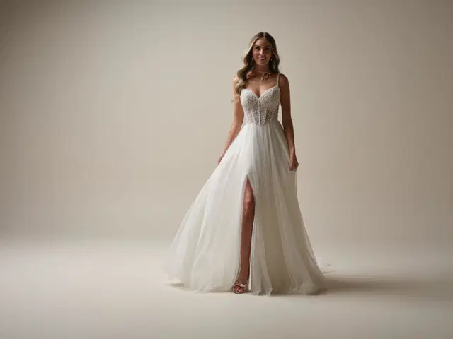 Gretchen by Maggie Sottero: A-Line silhouette, V-neck neckline, sleeveless, organza