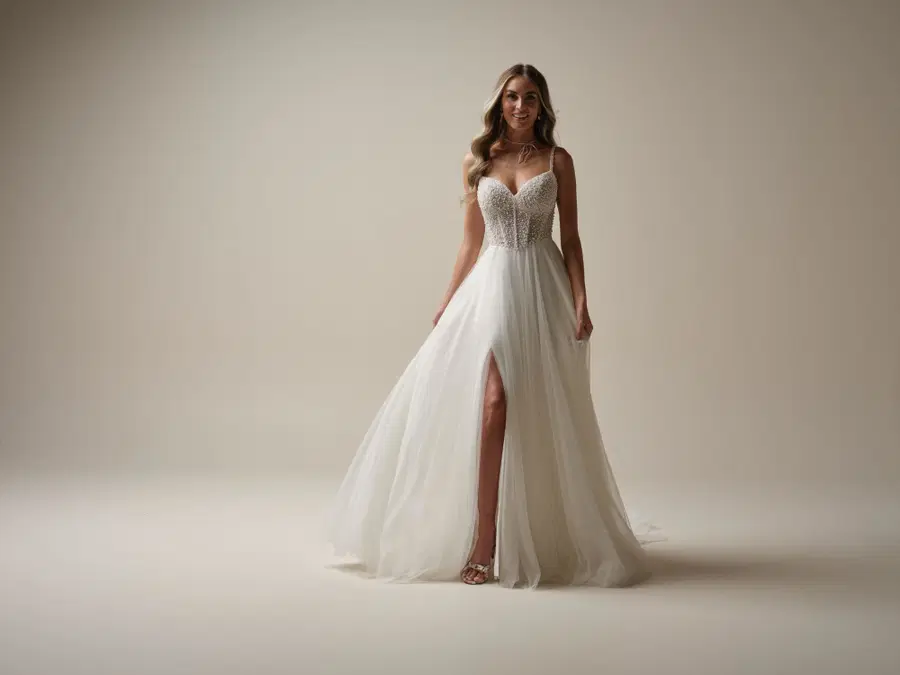 Gretchen by Maggie Sottero: A-Line silhouette, V-neck neckline, sleeveless, organza