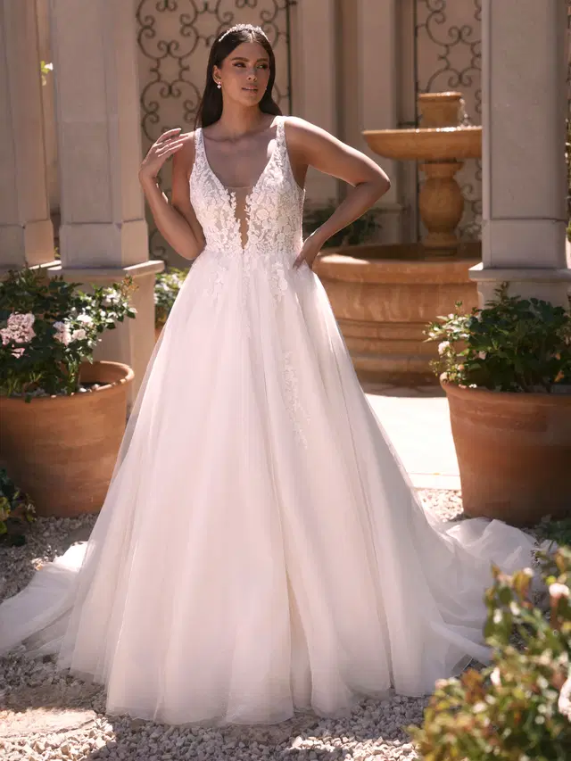 Clorinde c by Bianco Evento: Ball Gown silhouette, deep V-neck neckline, sleeveless, tulle