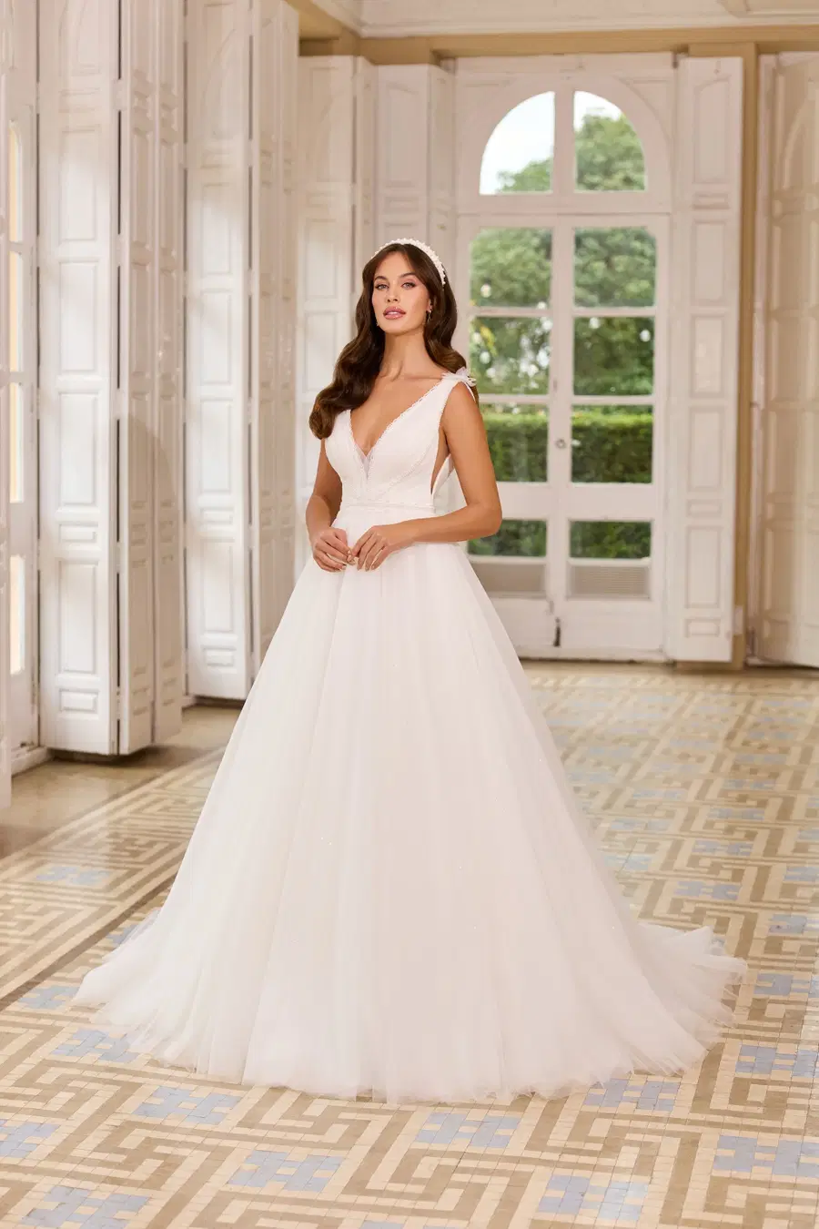 8352 by Monica Loretti: Ball Gown silhouette, V-neck neckline, sleeveless