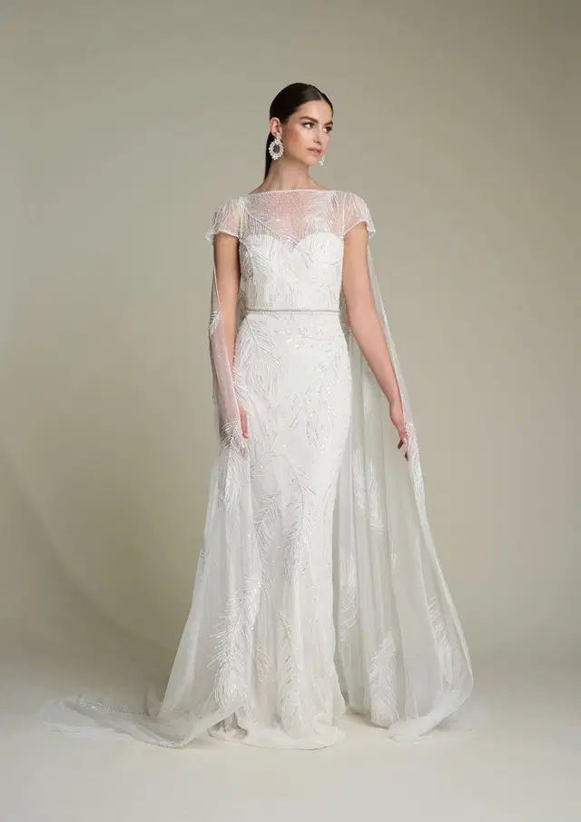 Wyatt by Eliza Jane Howell: Mermaid silhouette, illusion neckline, cap sleeves, tulle