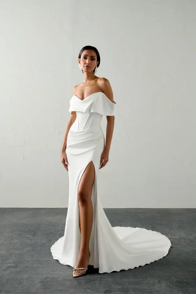 Tempest by Justin Alexander Signature: Trumpet silhouette, off-shoulder neckline, sleeveless, satin