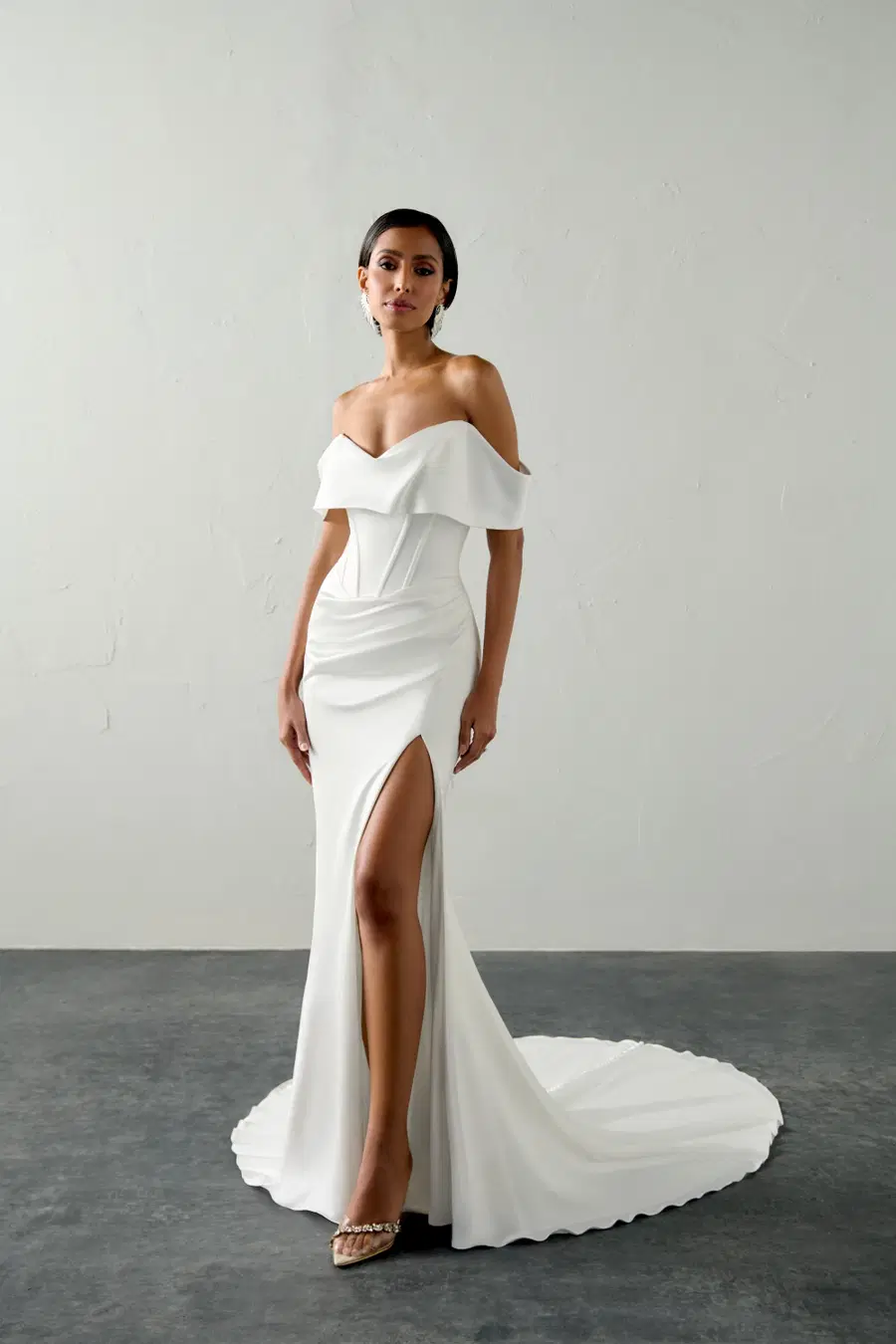 Tempest by Justin Alexander Signature: Trumpet silhouette, off-shoulder neckline, sleeveless, satin