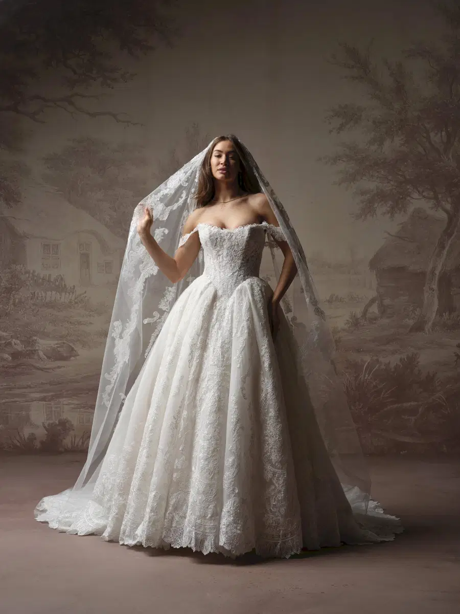 YESENIA by Sottero & Midgley: Ball Gown silhouette, cat eye neckline, detachable sleeves, lace