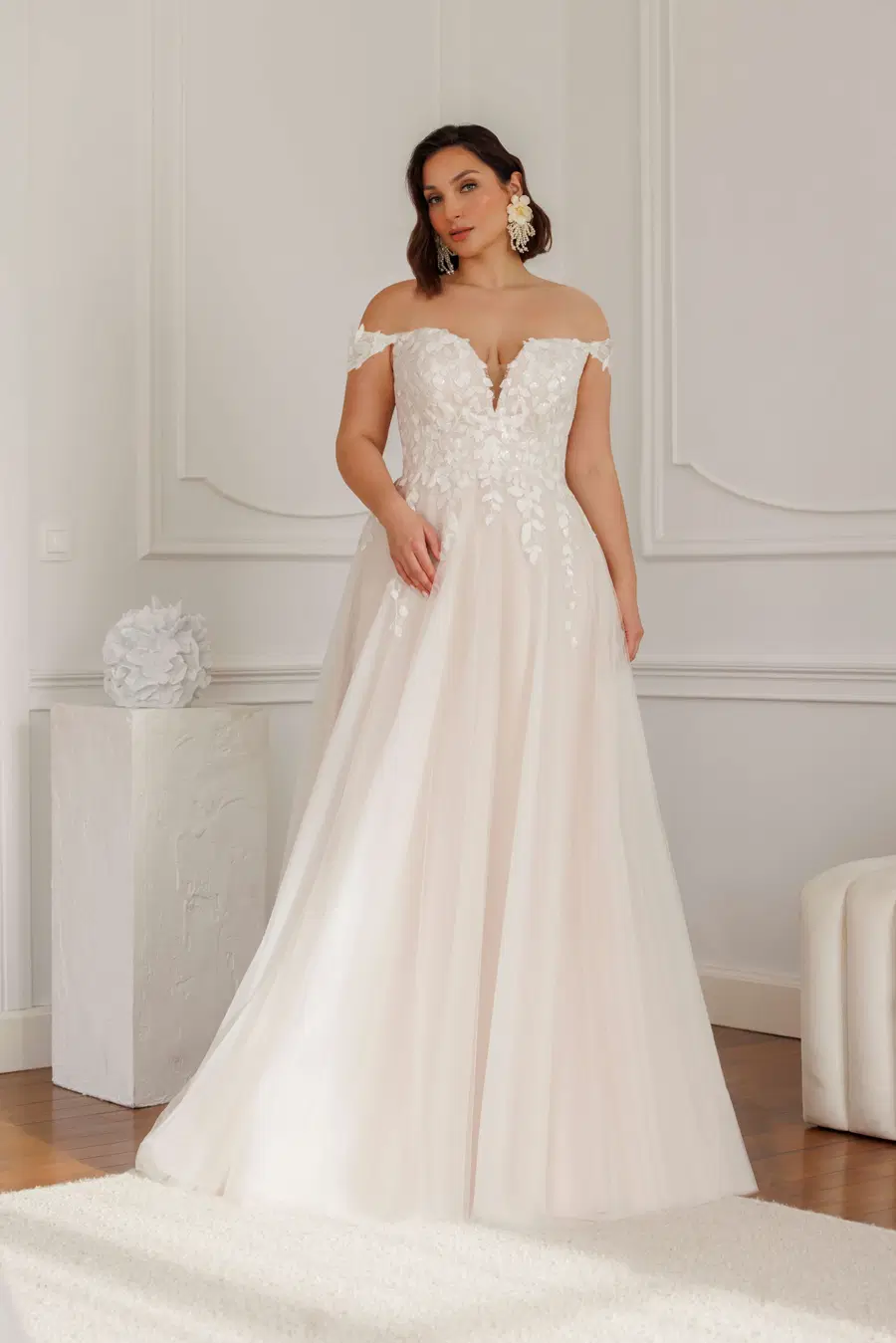 Cassidy by Jarice: A-Line silhouette, off-shoulder neckline, tulle