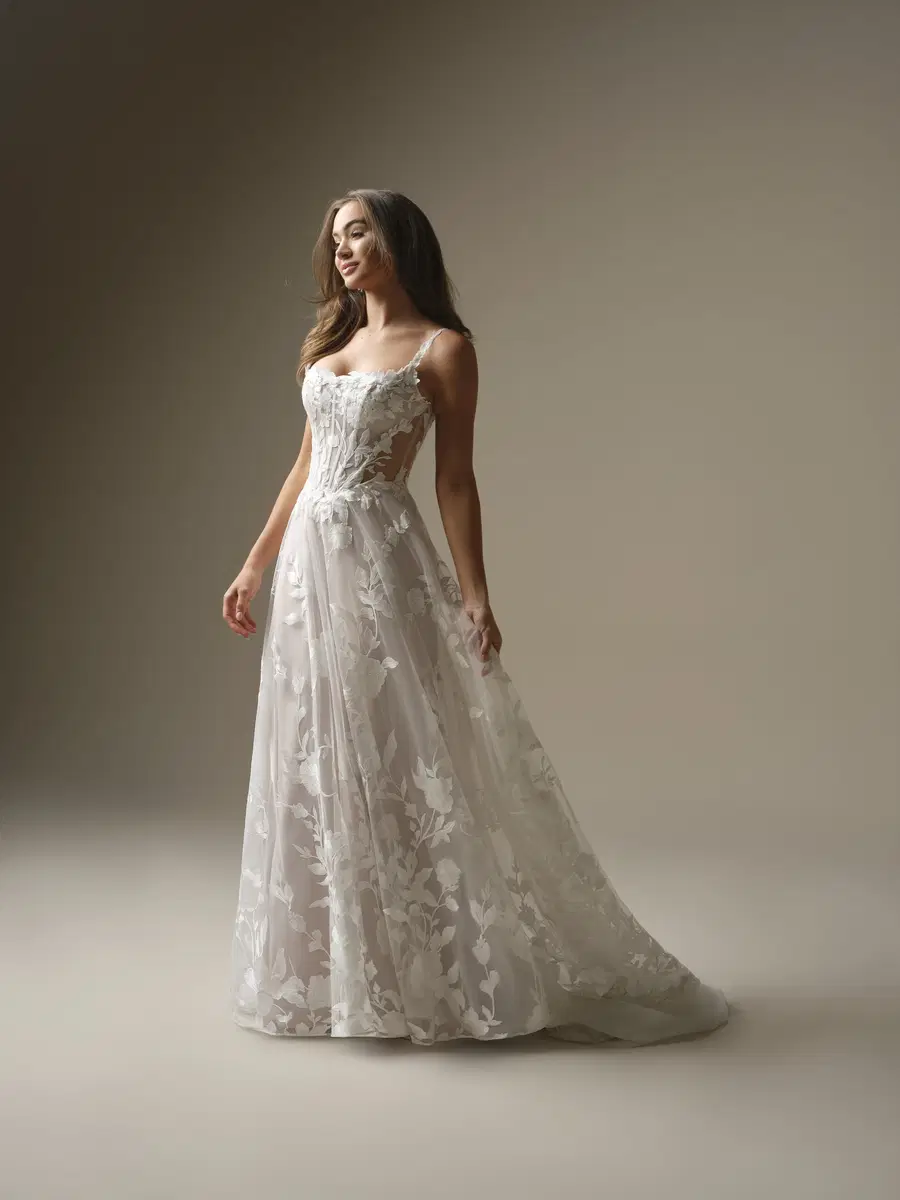Natalie Marie by Maggie Sottero: A-Line silhouette, square neckline, crepe