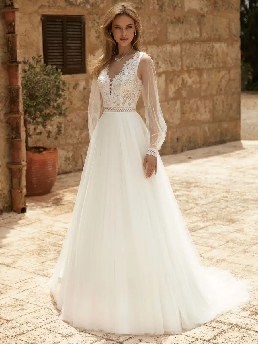DEBORA by Bianco Evento: A-Line silhouette, V-neck neckline, long sleeves, lace