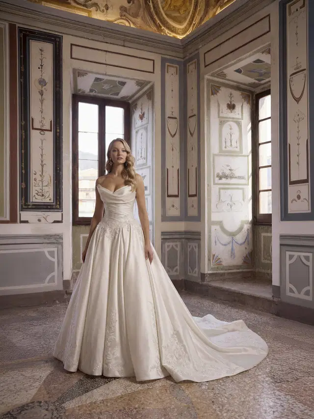 Almond 63341 by Veni Infantino: Ball Gown silhouette, sweetheart neckline, sleeveless, satin