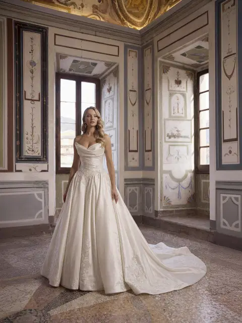 Almond 63341 wedding dress by Veni Infantino, ball gown, satin