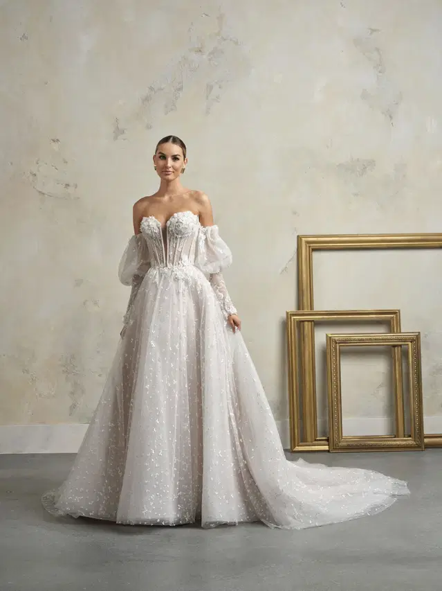 Athlone by Sottero & Midgley: A-Line silhouette, sweetheart neckline, separate sleeves, lace