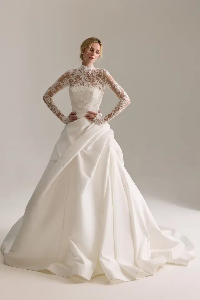 Delphine by Josephine Scott: Ball Gown silhouette, high / halter neckline, long sleeves, lace