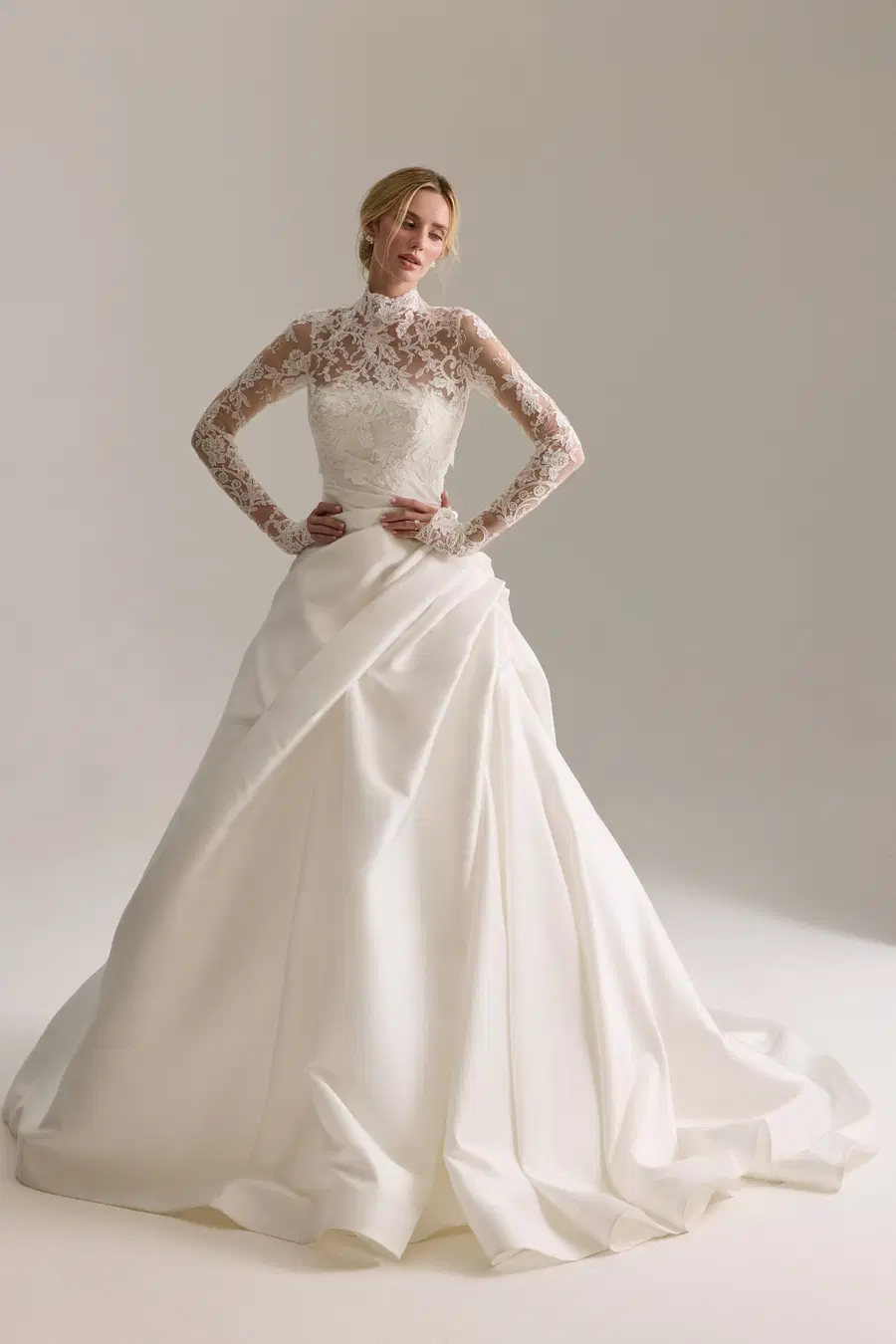 Delphine by Josephine Scott: Ball Gown silhouette, high / halter neckline, long sleeves, lace