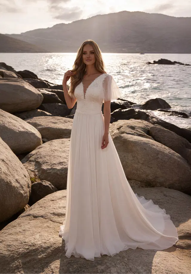 G0006 Greta by Galvan Sposa: A-Line silhouette, V-neck neckline, short sleeves, lace