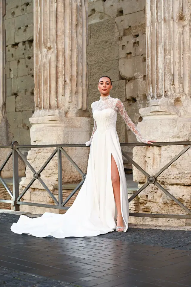 Amaretto by Dando London: A-Line silhouette, high / halter neckline, long sleeves, satin