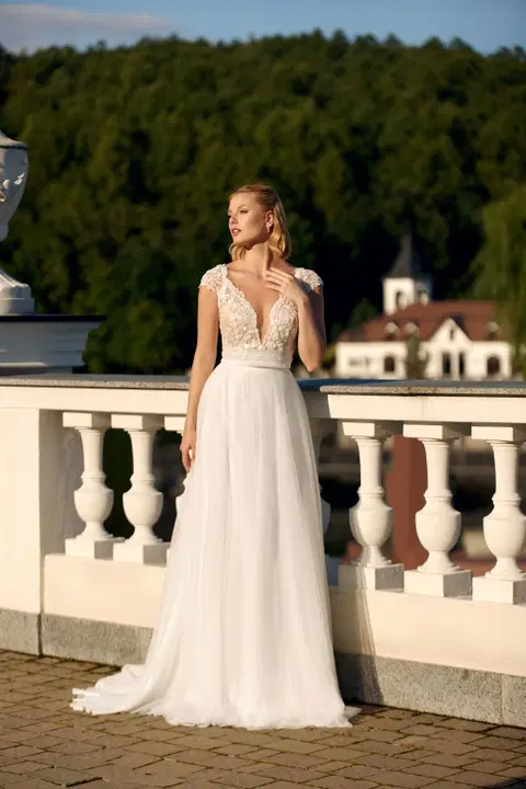 Style 1117 wedding dress by Angela Bianca, A-line, lace