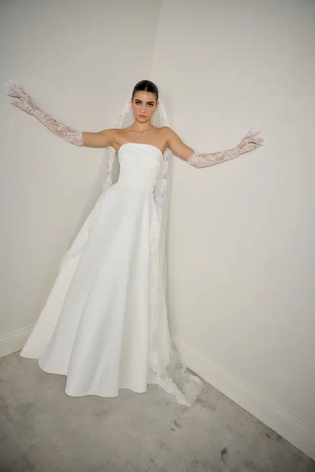 Empressa by Justin Alexander Signature: A-Line silhouette, straight neckline, satin