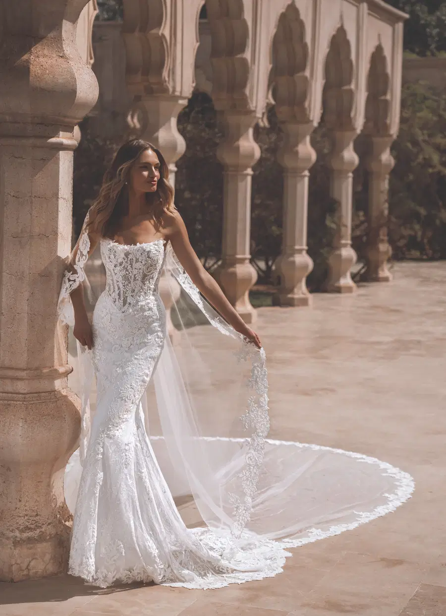 Venice by Enzoani: A-Line silhouette, scoop neckline, chiffon, cathedral train