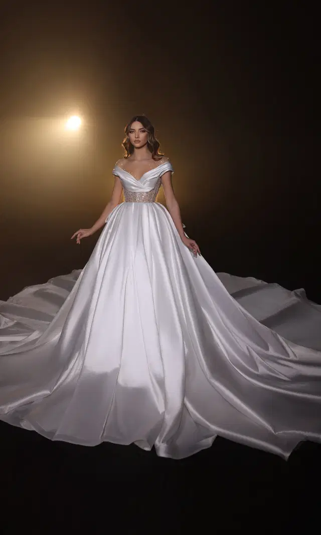 R 24-013 by Ricca Sposa: Ball Gown silhouette, off-shoulder neckline, satin, cathedral train