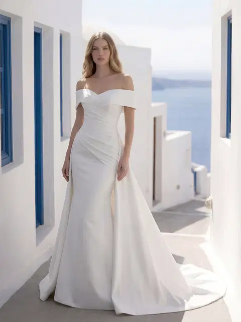 Tayn 1010079 wedding dress by Mori Lee, satin, off-shoulder