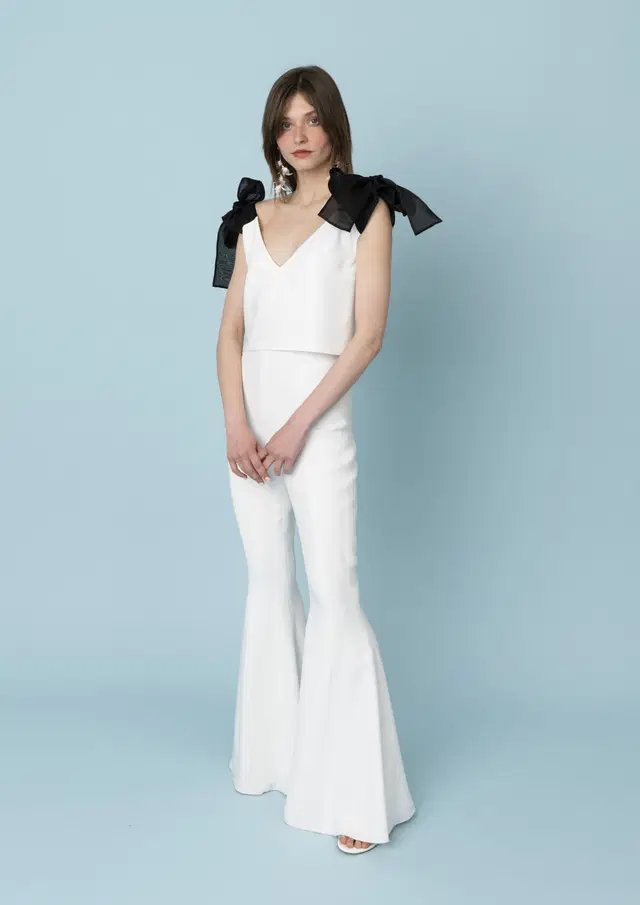 Black Bow Top + Iconicbell Trousers by Kisui: Jumpsuit silhouette, V-neck neckline, sleeveless, crepe