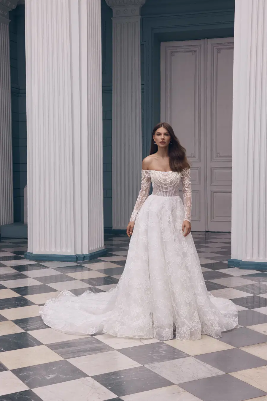 Catherine by Carfelli: Ball Gown silhouette, sweetheart neckline, long sleeves, lace