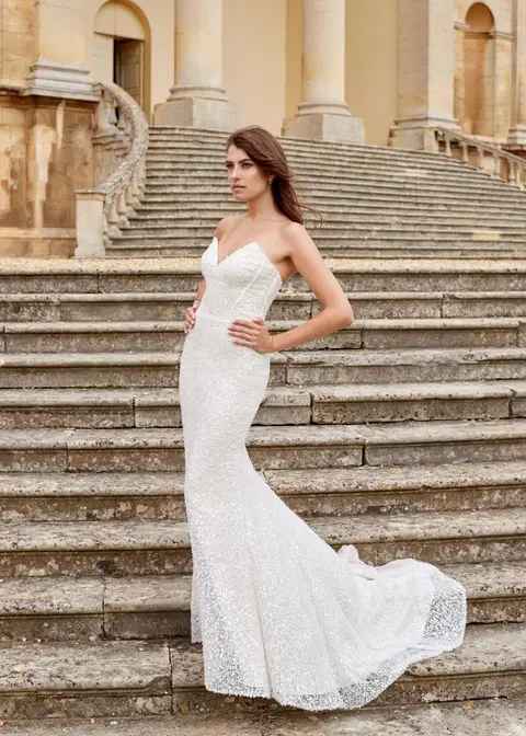 Sensational wedding dress by Dando London, trumpet, satin