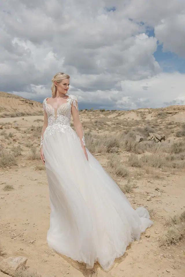 DT107 by Duett: A-Line silhouette, deep V-neck neckline, long sleeves, tulle