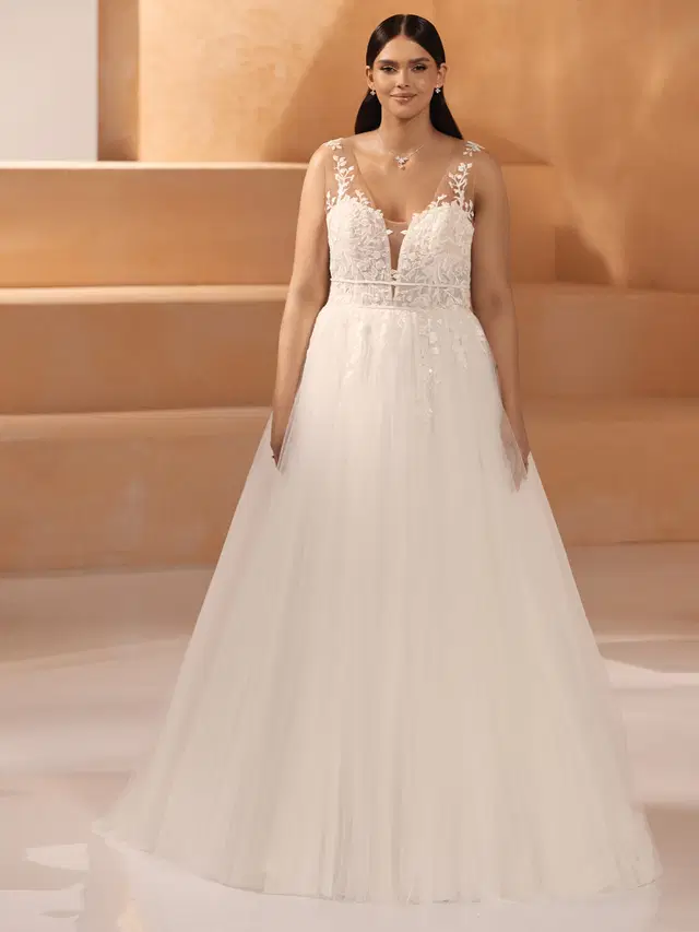 MORGANITE c by Bianco Evento: A-Line silhouette, deep V-neck neckline, sleeveless, tulle