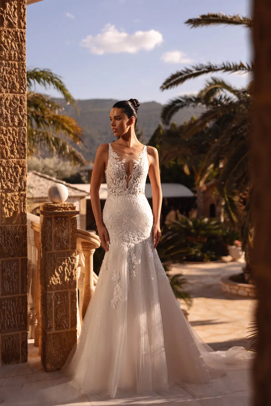 8256 by Demetrios: Mermaid silhouette, deep V-neck neckline, sleeveless, lace