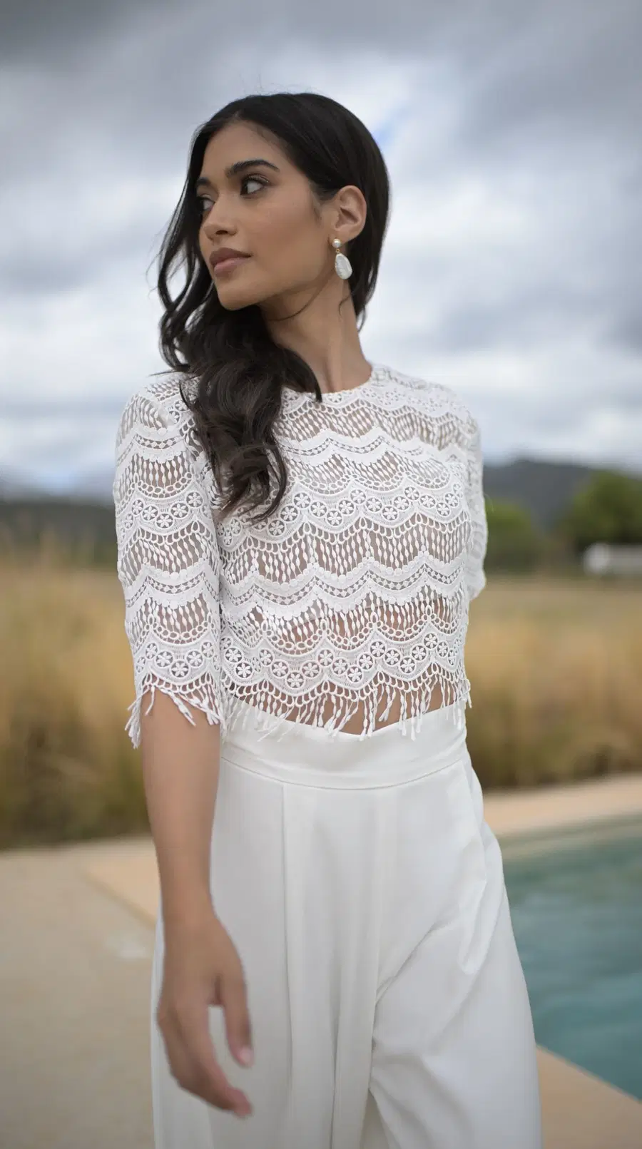 Daisy Top by Malee: Two-Piece silhouette, high / halter neckline, three-quarter sleeves, lace