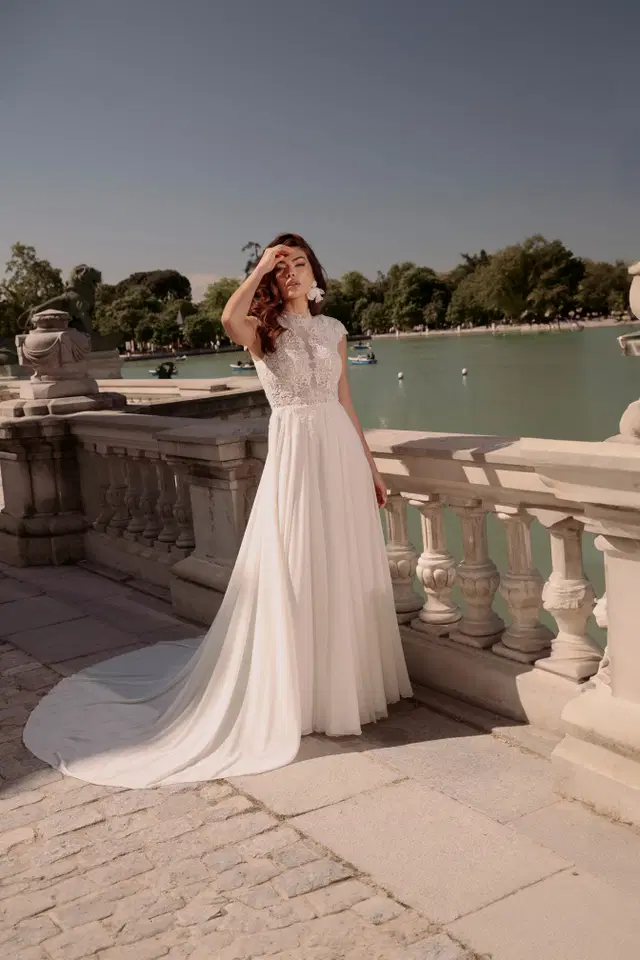 TO-2067T by Agnes: A-Line silhouette, high / halter neckline, cap sleeves, lace