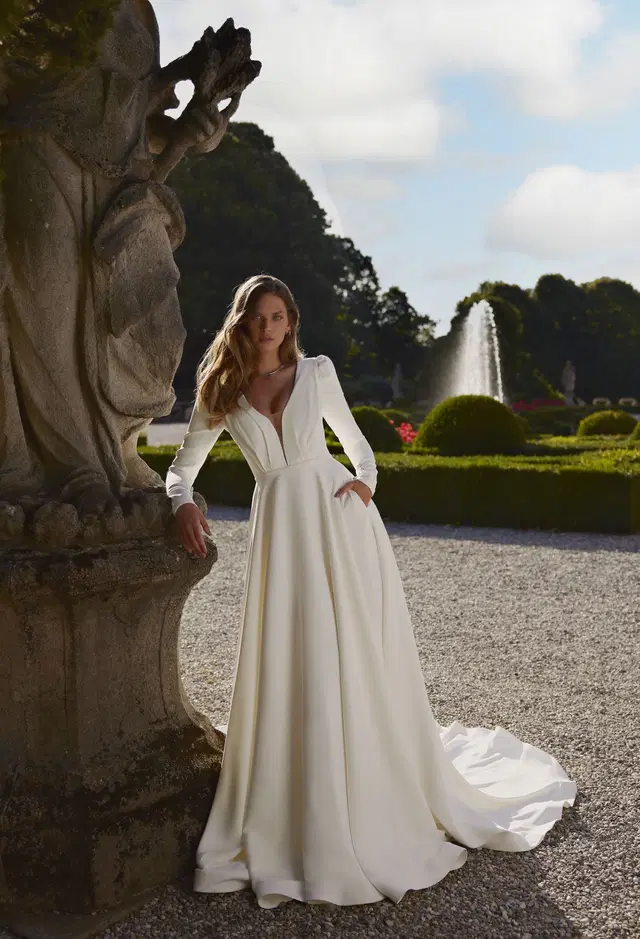 Vanessa 24-013(3) by Ricca Sposa Atelier: A-Line silhouette, V-neck neckline, long sleeves, satin