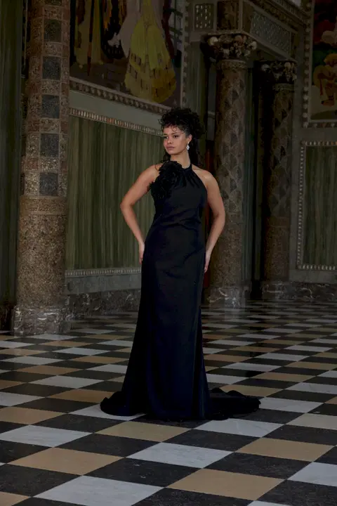 1954 Black wedding dress by Diane Legrand, fit & flare, crepe
