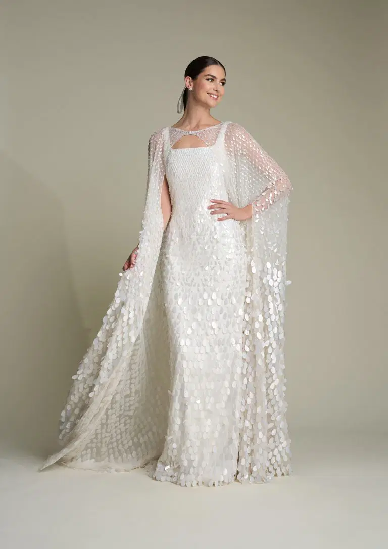 Patsy dress & Laetitia cape by Eliza Jane Howell: Trumpet silhouette, square neckline, sleeveless, tulle