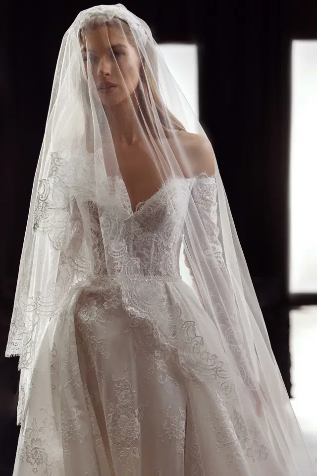 Berta by Tina Valerdi: Ball Gown silhouette, sweetheart neckline, long sleeves, lace