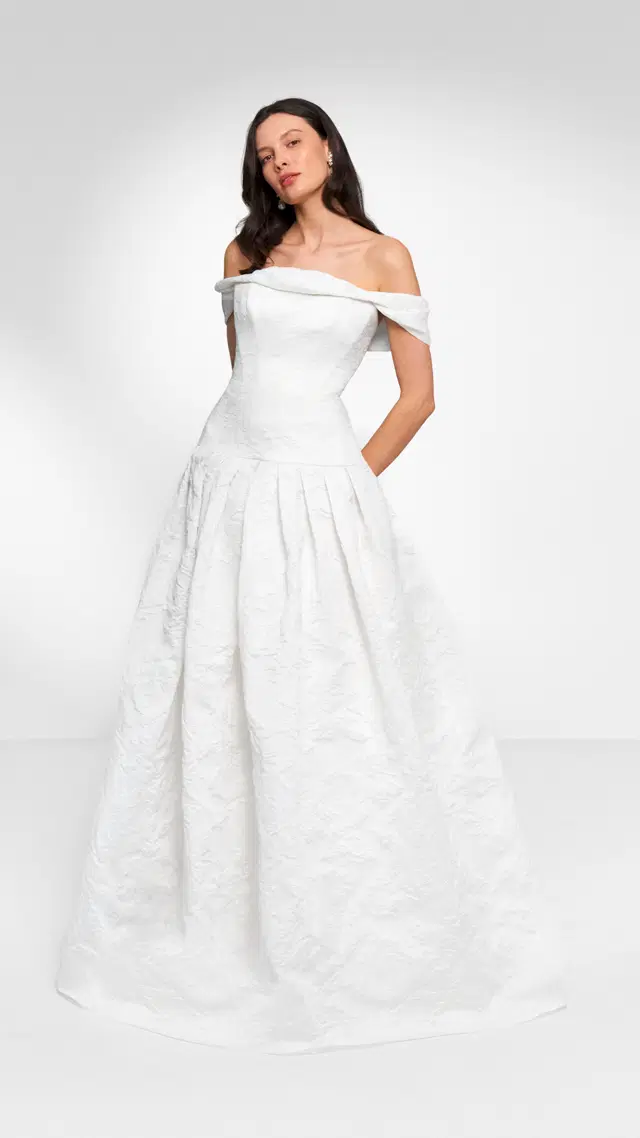 Rey by Anna Kara: Ball Gown silhouette, off-shoulder neckline, cap sleeves, jacquard
