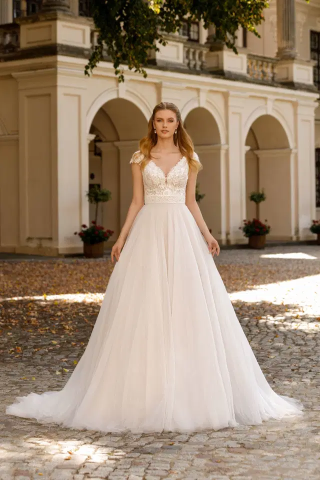 1102+8009 by Angela Bianca: Ball Gown silhouette, V-neck neckline, cap sleeves, lace