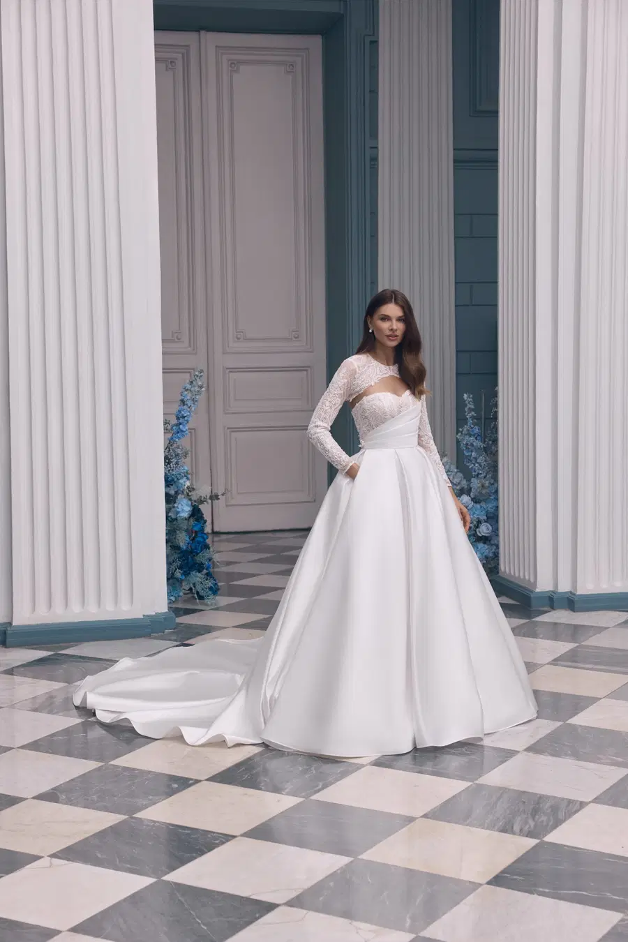 Janine by Carfelli: Ball Gown silhouette, sweetheart neckline, long sleeves, lace