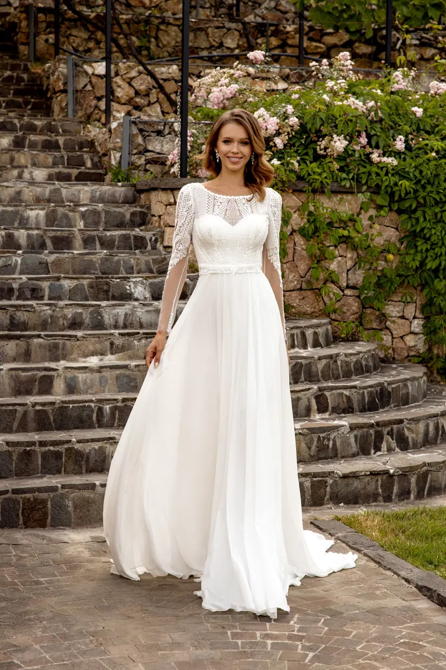 1073+8011 by Angela Bianca: jewel neckline, long sleeves, lace