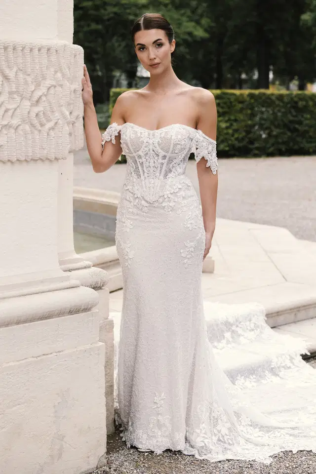 Clementine by Amo & Luv: Mermaid silhouette, sweetheart neckline, short sleeves, lace