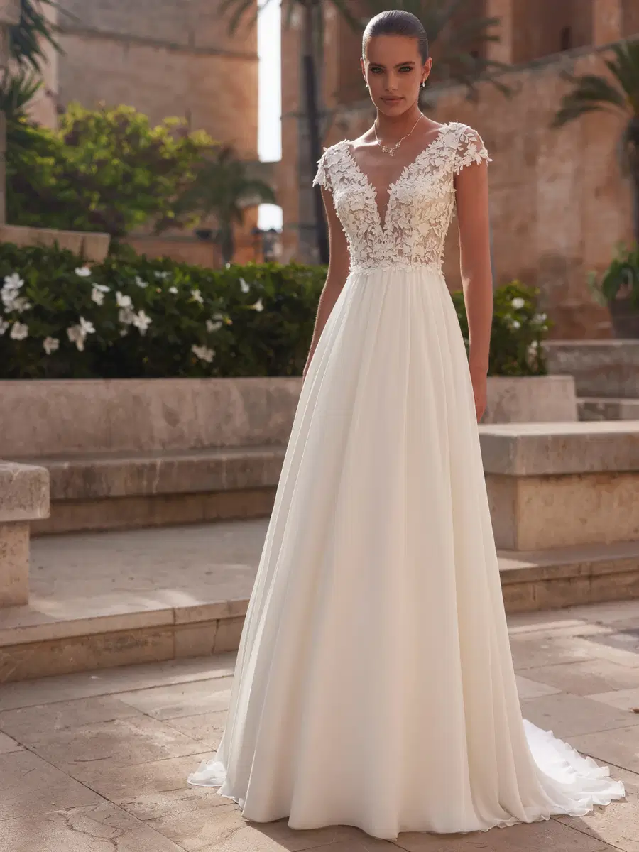 Olena by Bianco Evento: A-Line silhouette, deep V-neck neckline, cap sleeves, lace
