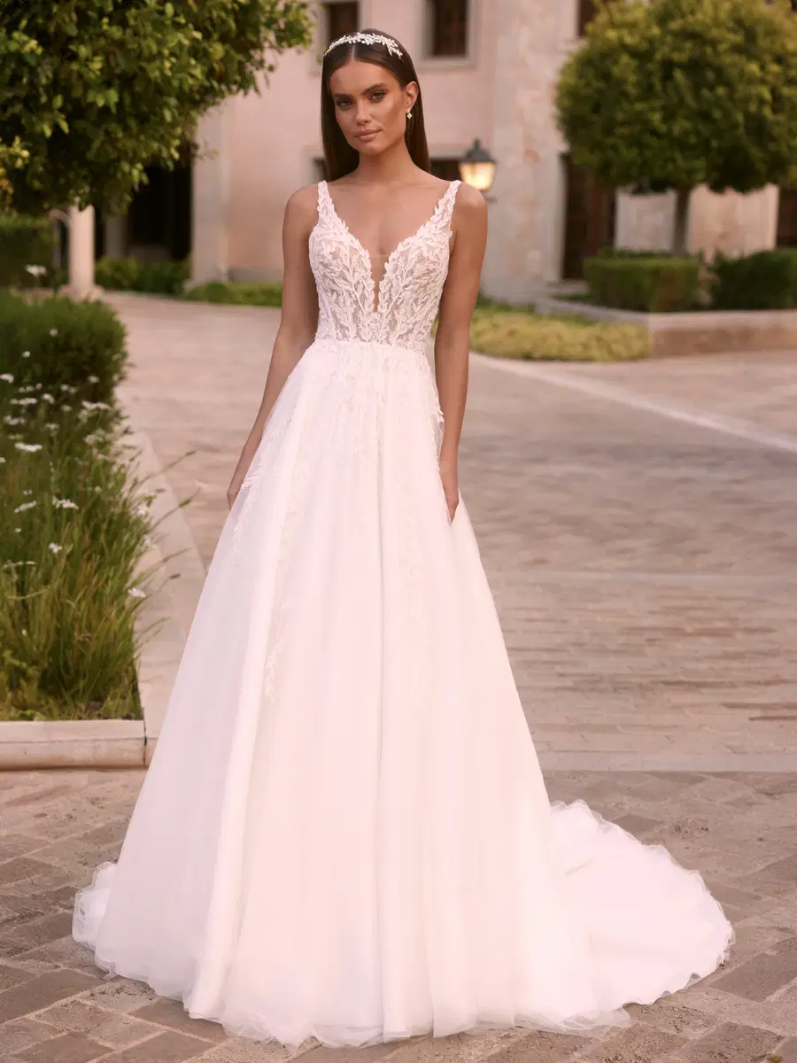 Lerodea by Bianco Evento: A-Line silhouette, deep V-neck neckline, sleeveless, lace