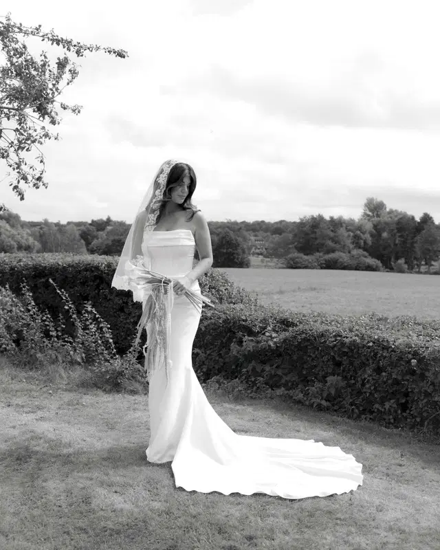 Rhode by MWL Bride: straight neckline, sleeveless, satin, cathedral train