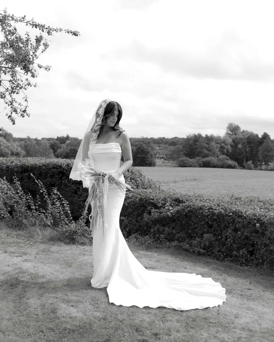 Rhode by MWL Bride: straight neckline, sleeveless, satin, cathedral train