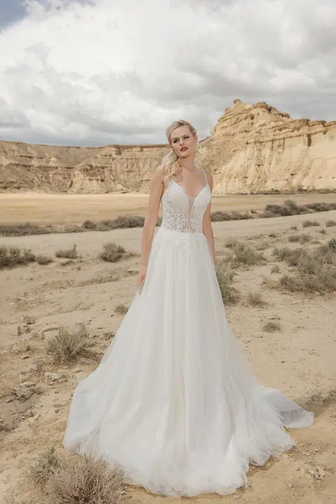 Style DT105 wedding dress by Duett, A-line, lace