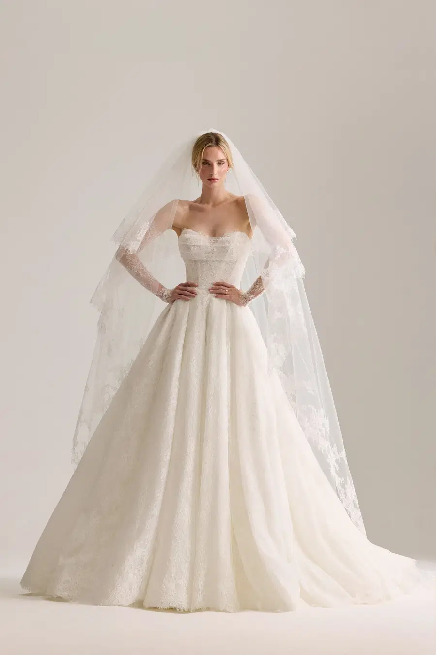 Elodie by Josephine Scott: Ball Gown silhouette, sweetheart neckline, long sleeves, lace