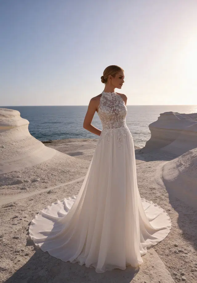 G0008 Ilaria by Galvan Sposa: A-Line silhouette, high / halter neckline, sleeveless, lace