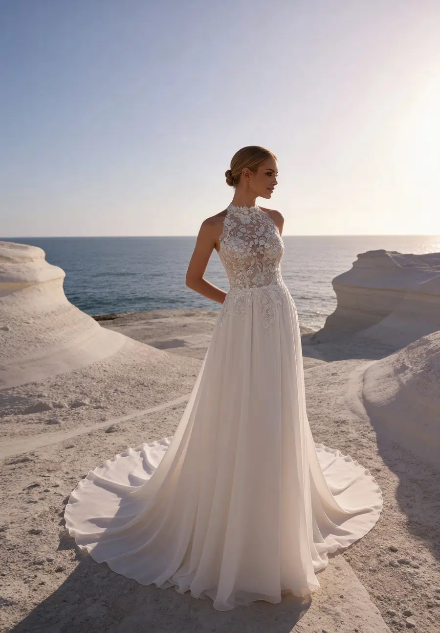 G0008 Ilaria by Galvan Sposa: A-Line silhouette, high / halter neckline, sleeveless, lace