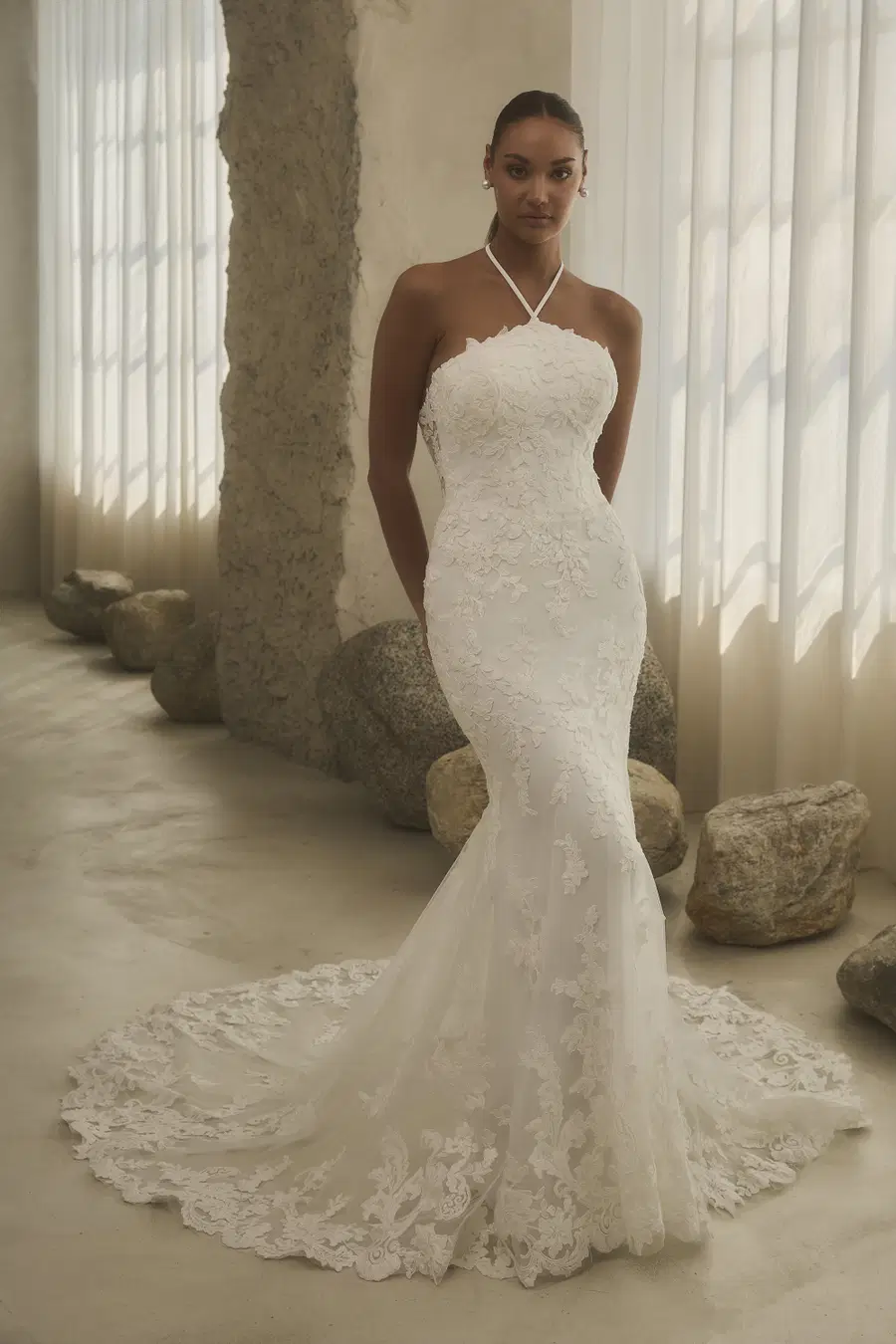 2630 2 by Casablanca Bridal: Fit & Flare silhouette, high / halter neckline, separate sleeves, lace