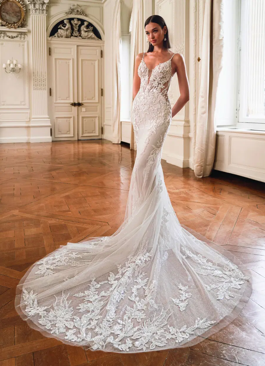 FELICIANA by ÉLYSÉE: Mermaid silhouette, V-neck neckline, sleeveless, lace